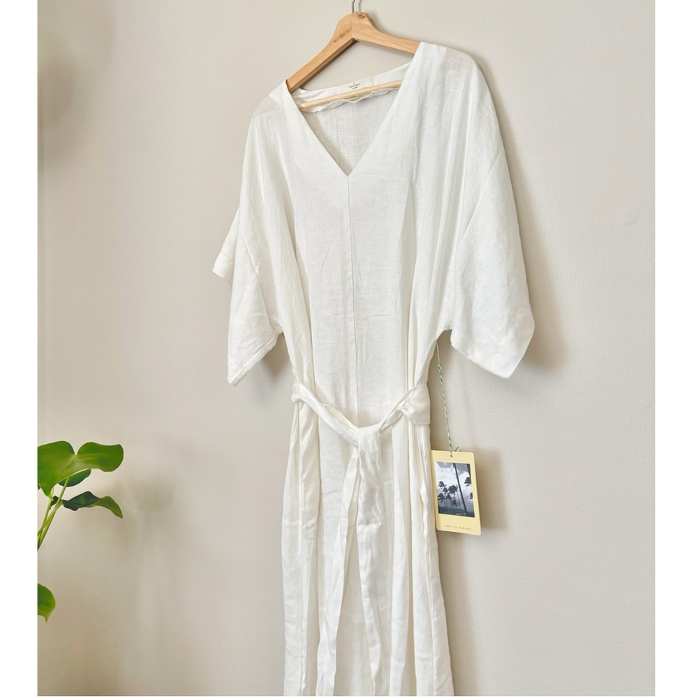 Birds of Paradis by Trovata Ivory V-Neck Waist Tie Beachy Linen Midi Dress